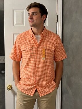 Heybo Outdoors Men’s Sm Orange & White Gingham Performance Button-Up Shirt NWT
